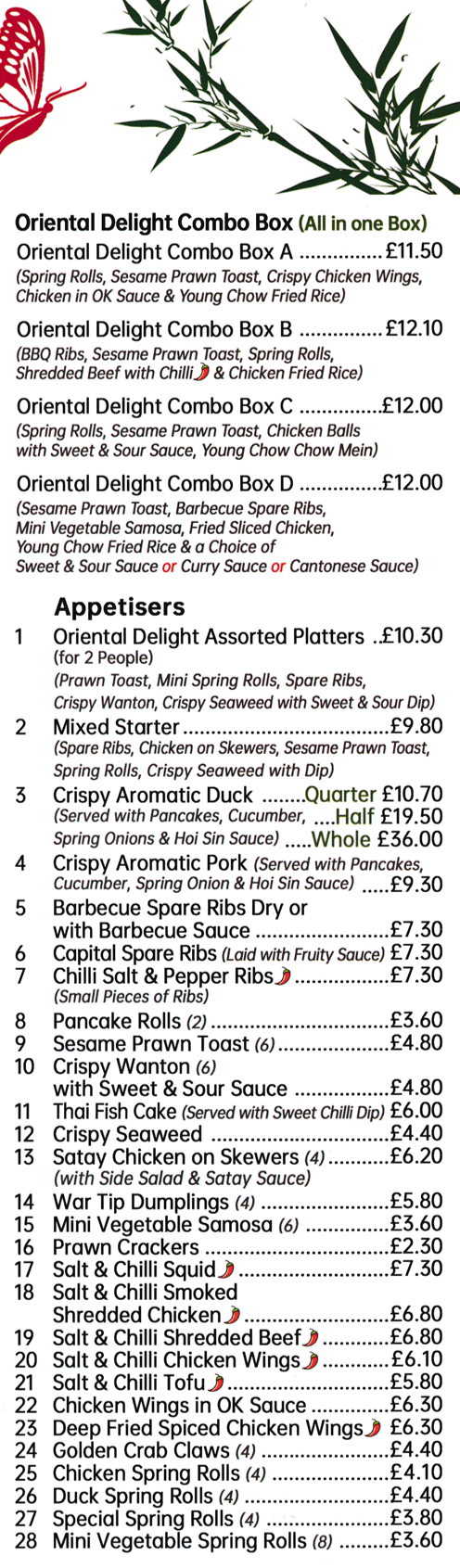 Menu for Oriental Delight Chinese takeaway in Mansfield - dishes include; Crispy Seaweed, Duck Spring Rolls, Crispy Aromatic Pork, Thai Fish Cake, Golden Crab Claws, Satay Chicken on Skewers..