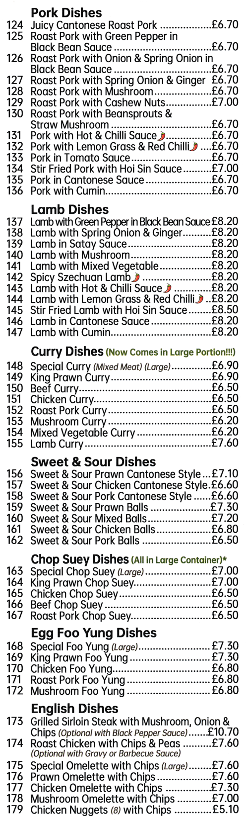 Menu for Oriental Delight Chinese takeaway in Mansfield - dishes include; Lamb in Satay Sauce, Juicy Cantonese Roast Pork, Chicken Egg Foo Yung, Beef Chop Suey, Sweet & Sour Chicken Balls, Pork with Lemon Grass & Red Chilli..