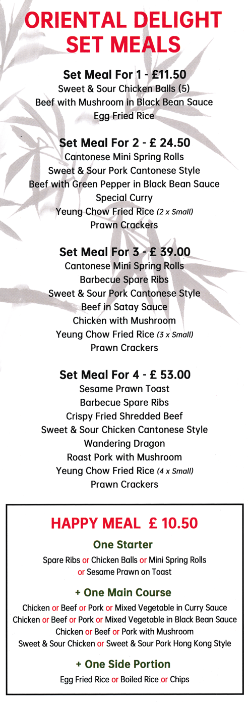Menu for Oriental Delight Chinese takeaway on Carter Lane in Mansfield NG18 3DH - Set Meals, Happy Meal