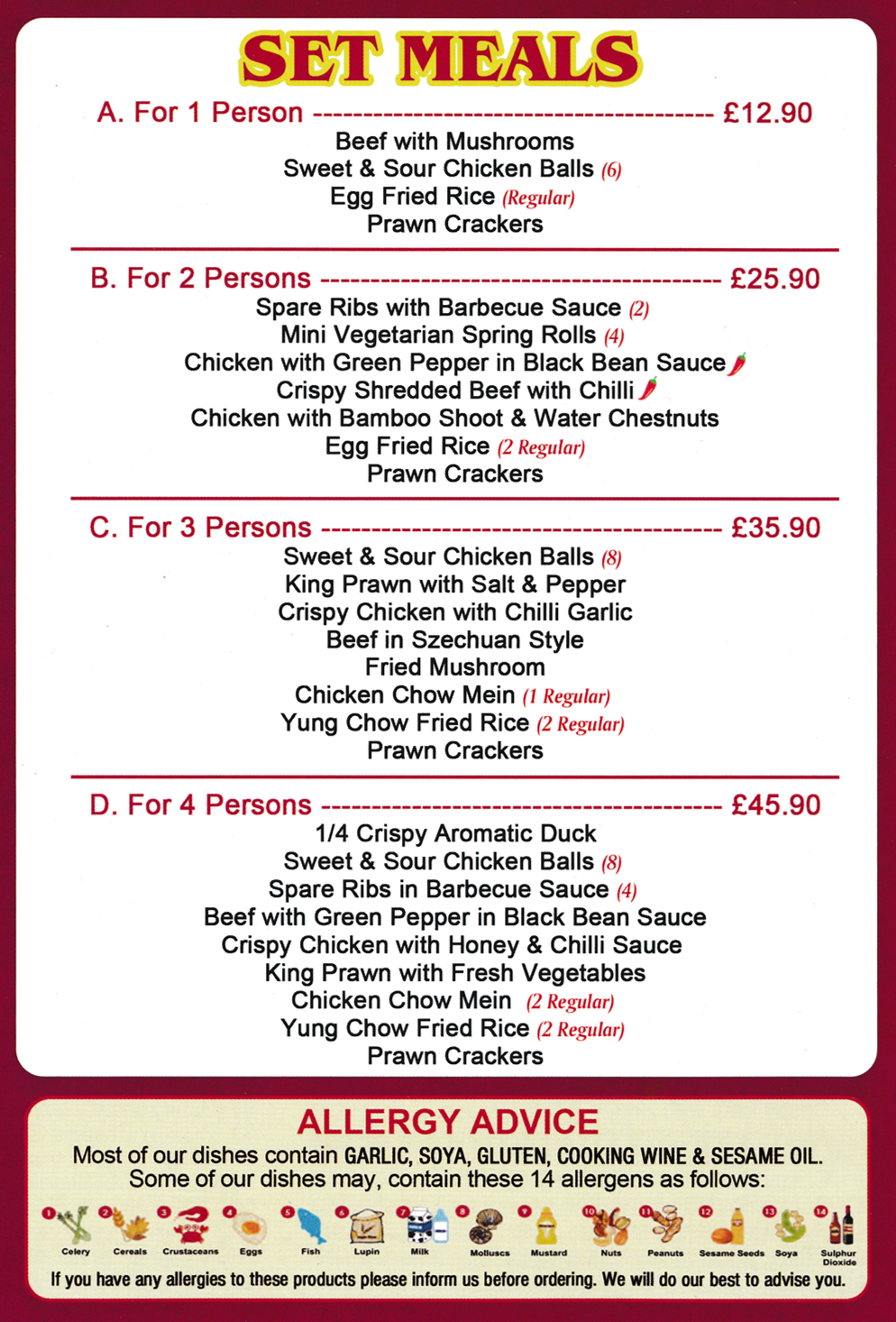 Menu for Panda Garden Chinese takeaway on Bracebridge Drive in Bilborough, Nottingham NG8 4PH