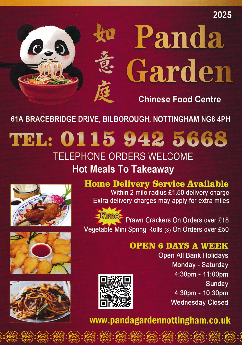 Menu for Panda Garden Chinese food takeaway in Bilborough, Nottingham NG8 4PH