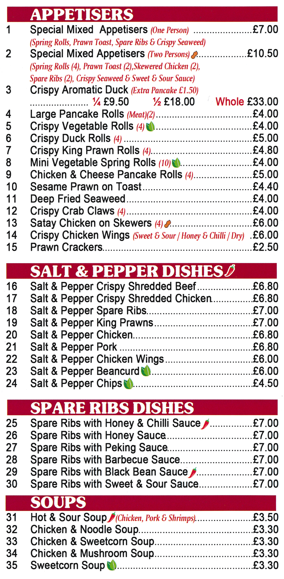 Menu for Panda Garden in Bilborough - menu includes; Salt & Pepper Spare Ribs, Hot & Sour Soup, Sesame Prawn on Toast, Crispy Duck Rolls, Spare Ribs with Honey Sauce, Crispy Crab Claws, Crispy Aromatic Duck..