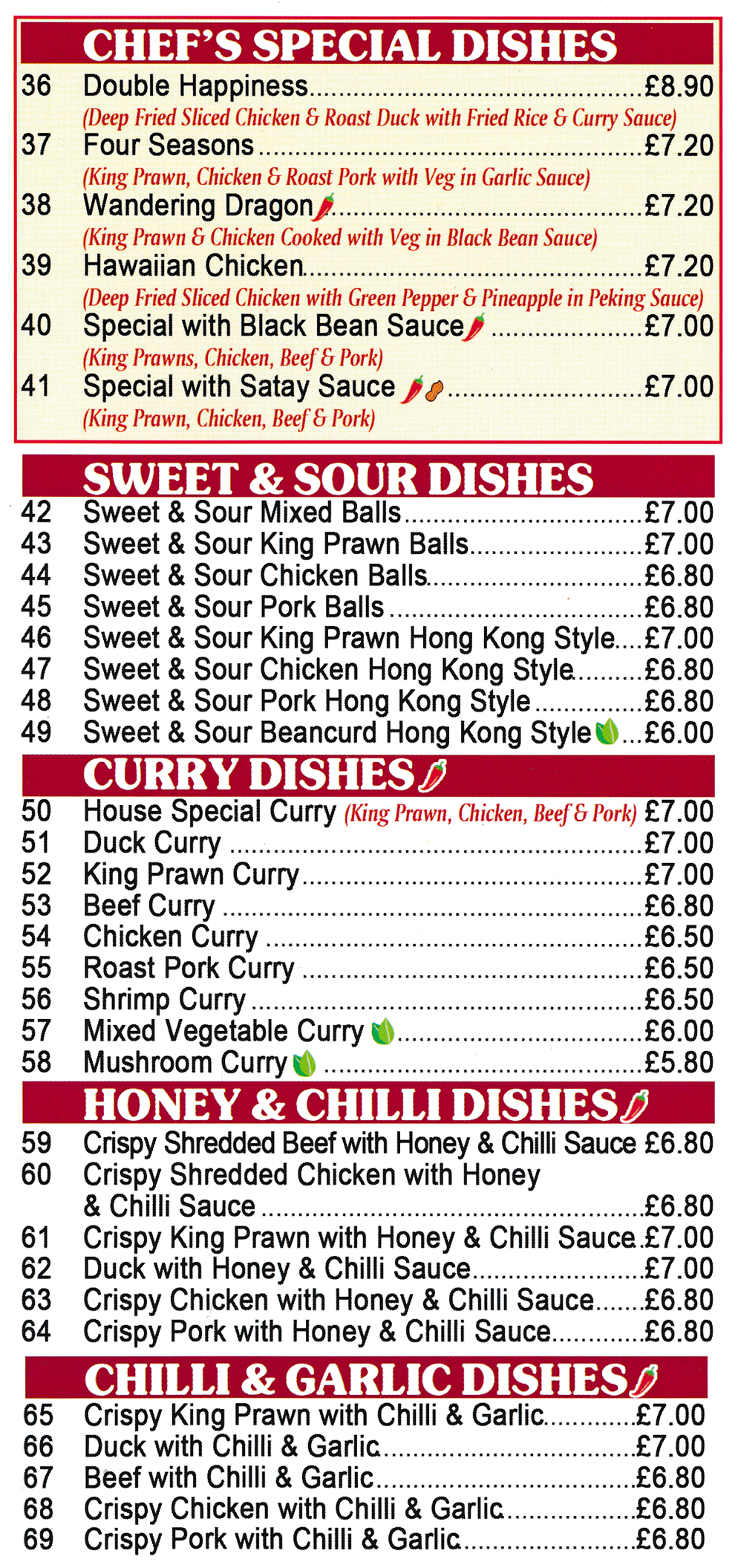Menu for Panda Garden in Bilborough - menu includes; Double Happiness, Wandering Dragon, Sweet & Sour Pork Balls, Beef with Chilli & Garlic, Four Seasons, Duck Curry..