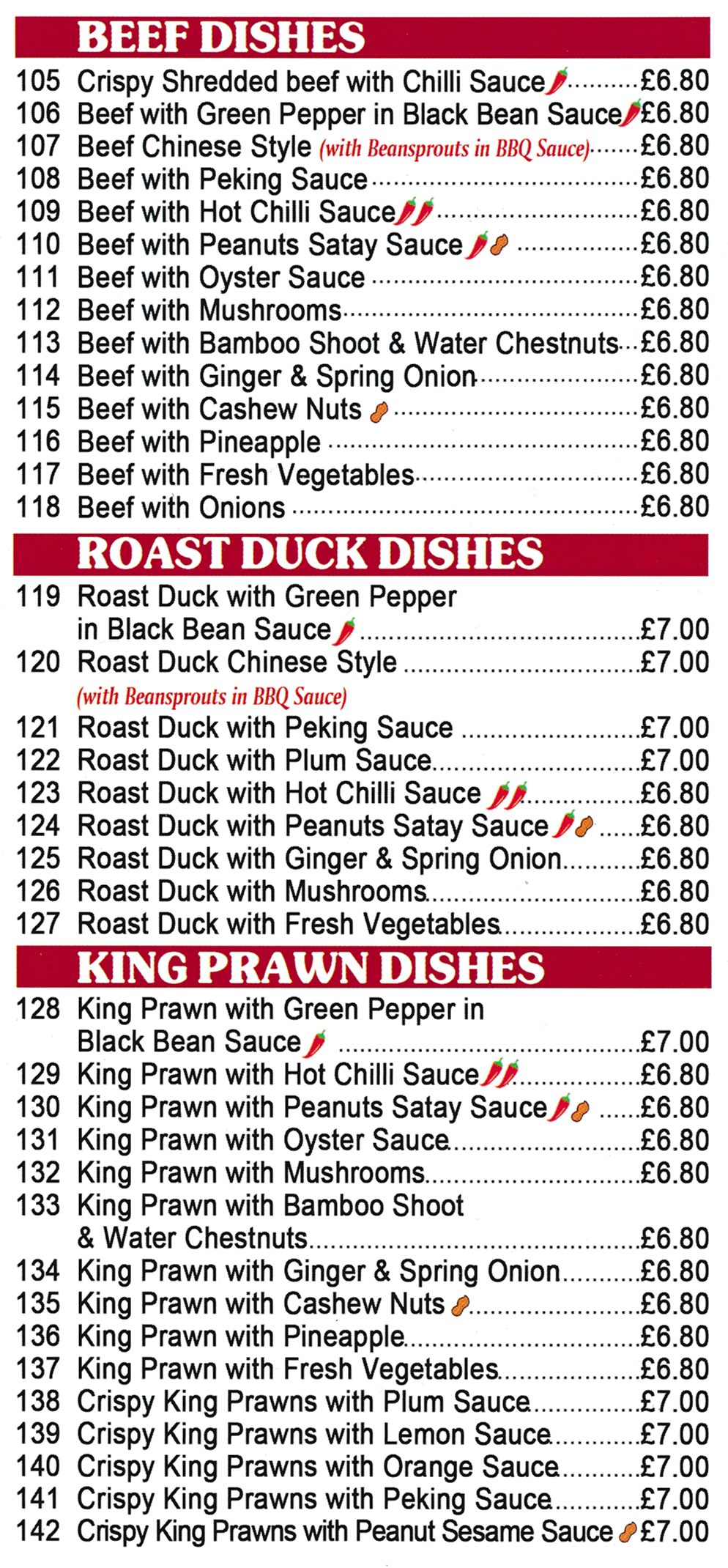 Menu for Panda Garden in Bilborough - menu includes; Beef with Peking Sauce, Roast Duck with Plum Sauce, King Prawn with Hot Chilli Sauce, Beef with Peanuts Satay Sauce, Roast Duck Chinese Style..