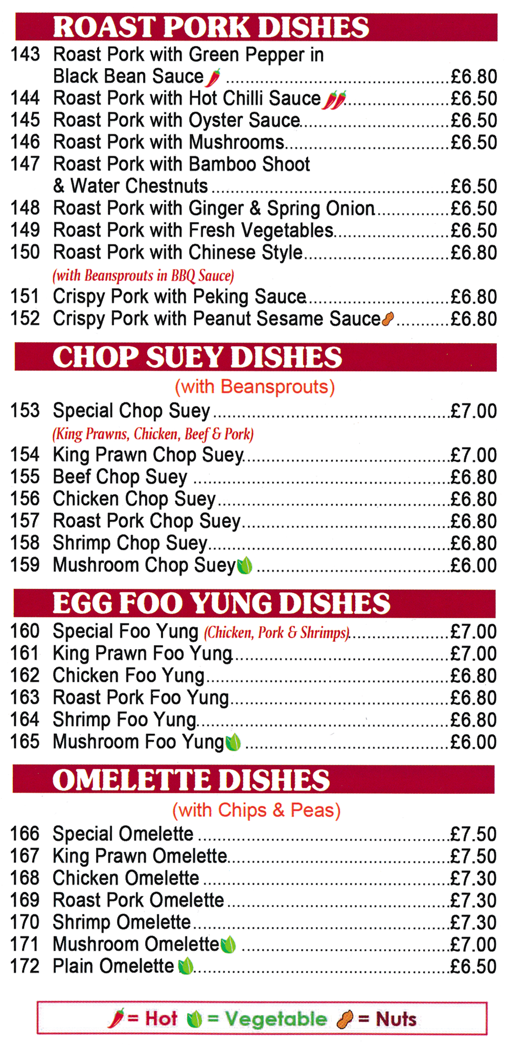 Menu for Panda Garden in Bilborough - menu includes; King Prawn Egg Foo Yung, Crispy Pork with Peking Sauce, Chicken Chop Suey, Roast Pork Omelette, Beef Chop Suey..