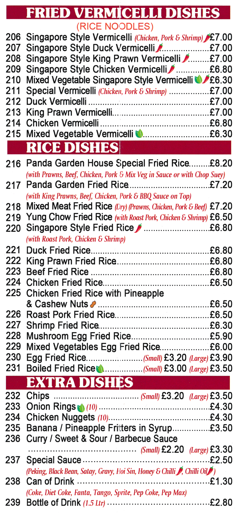 Menu for Panda Garden in Bilborough - menu includes; Duck Vermicelli, Panda Garden Fried Rice, Egg Fried Rice, Singapore Style Vermicelli..