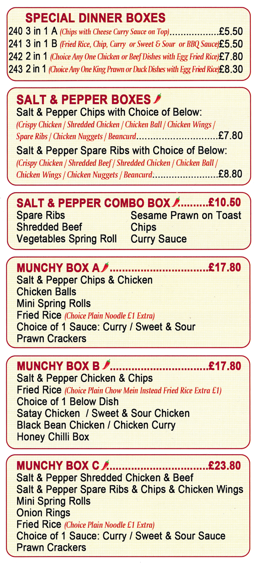 Menu for Panda Garden in Bilborough - menu includes; Special Dinner Boxes - Set Meals.