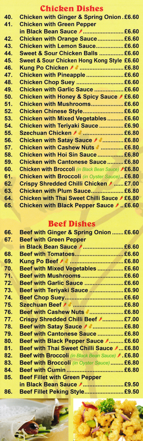 Menu for Peking House - Szechuan Chicken, Kung Po Beef, Chicken in Satay Sauce, Beef Fillet Peking Style, Chicken Thai Style..