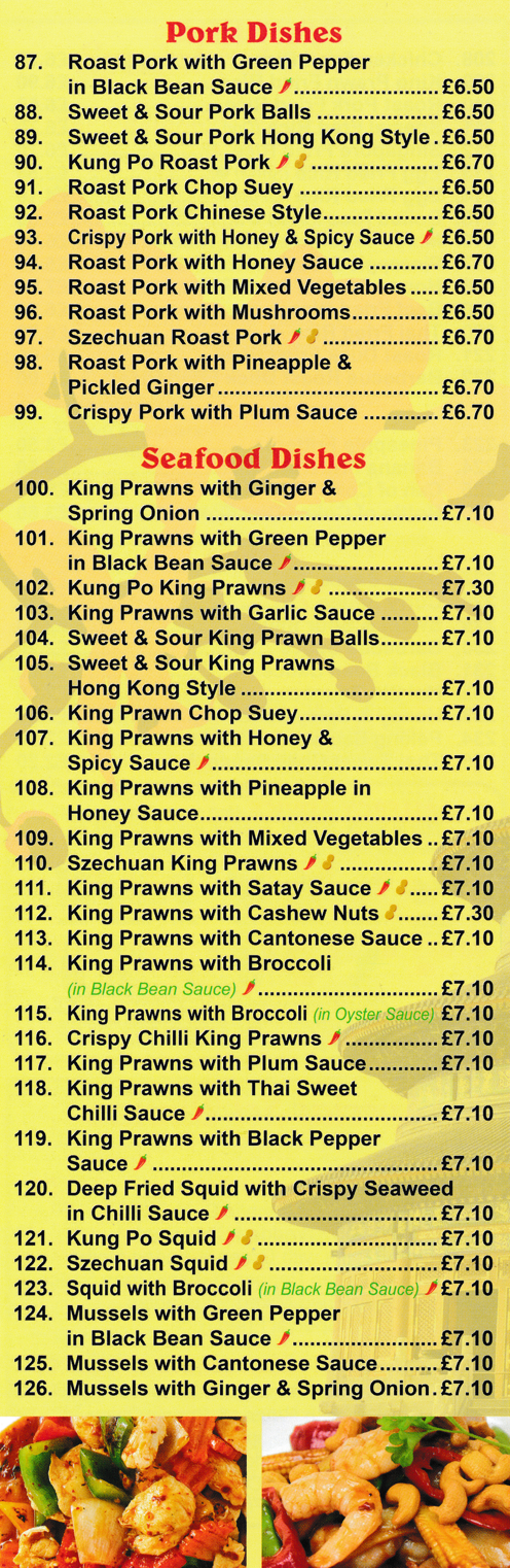 Menu for Peking House - King Prawn in Satay Sauce, Roast Pork in Cantonese Style, Crispy Pork Chop Suey, Sweet & Sour Pork Balls, Squid Thai Style..