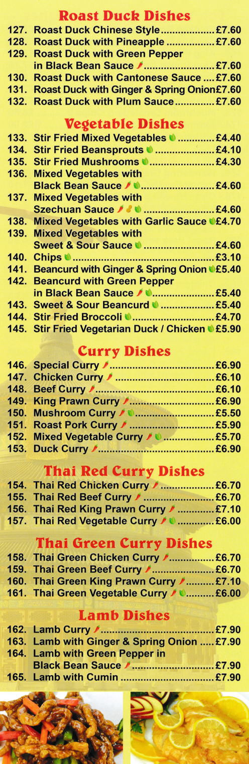 Menu for Peking House - Chicken Curry, Roast Duck Chinese Style, Mussels in Oyster Sauce, Squid in Satay Sauce, Roast Duck in Orange Sauce..