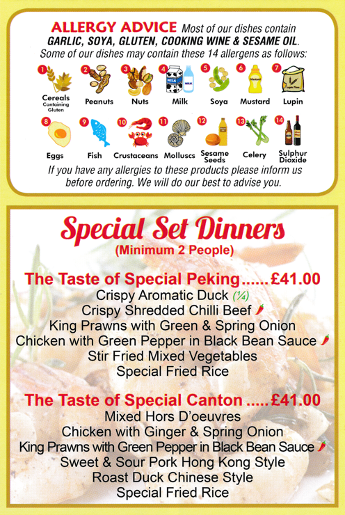 Menu for Peking House Chinese takeaway on Plains Road in Mapperley, Nottingham NG3 5JH