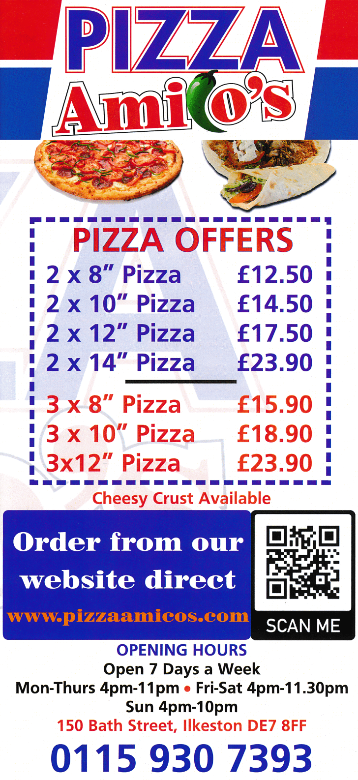 Menu for Pizza Amico's on Bath Street in Ilkeston, Derbyshire DE7 8FF
