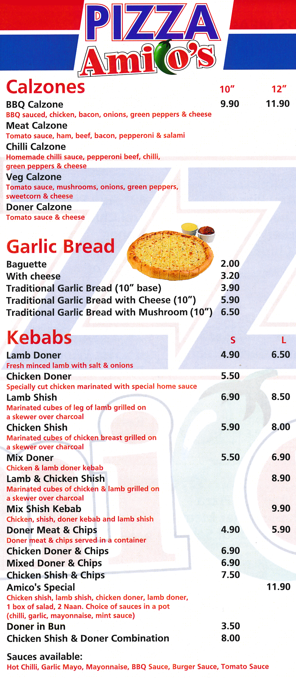 Menu for Pizza Amico's - Calzones, Kebabs, Garlic Bread..