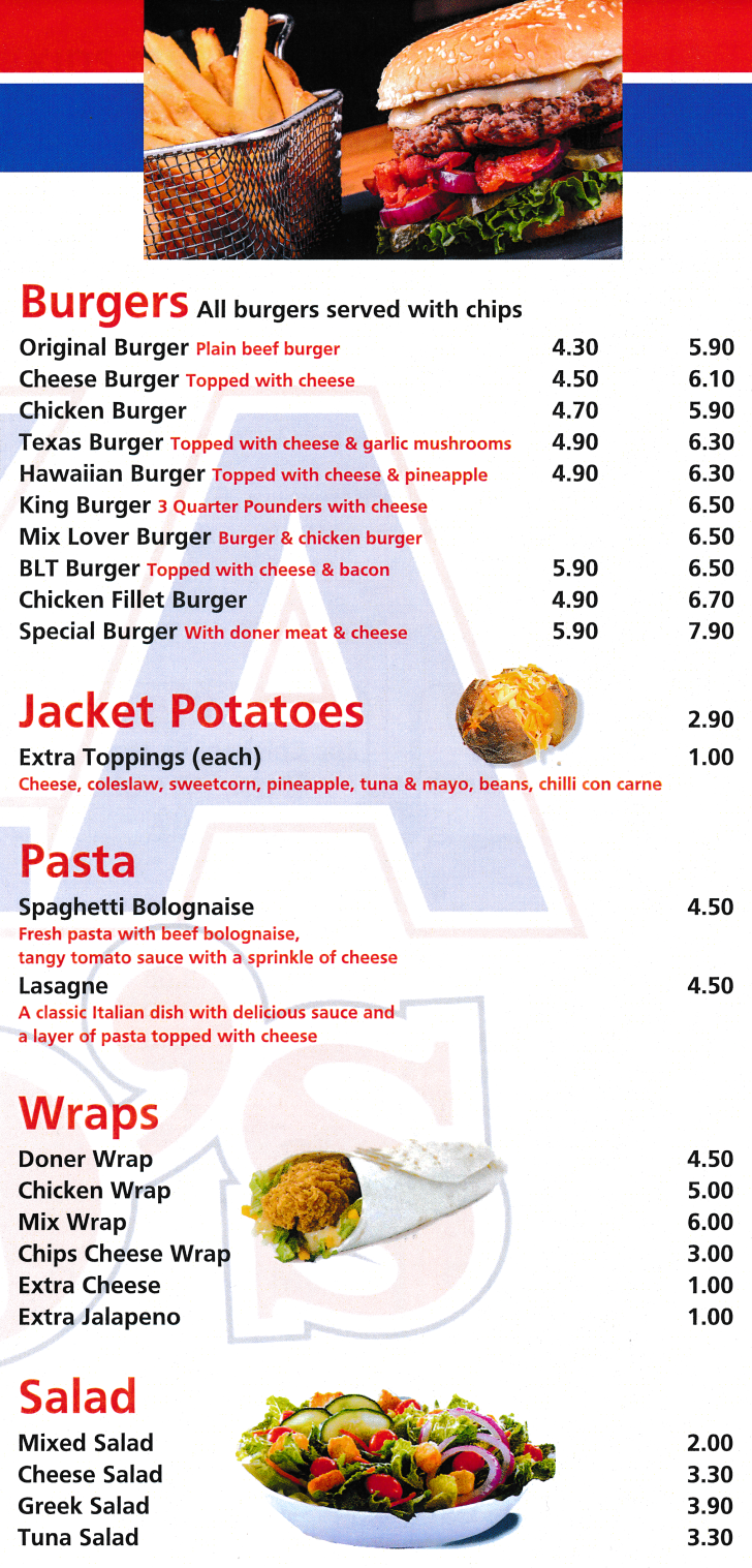 Menu for Pizza Amico's - Burgers, Jacket Potatoes, Pasta Dishes, Wraps, Salads..