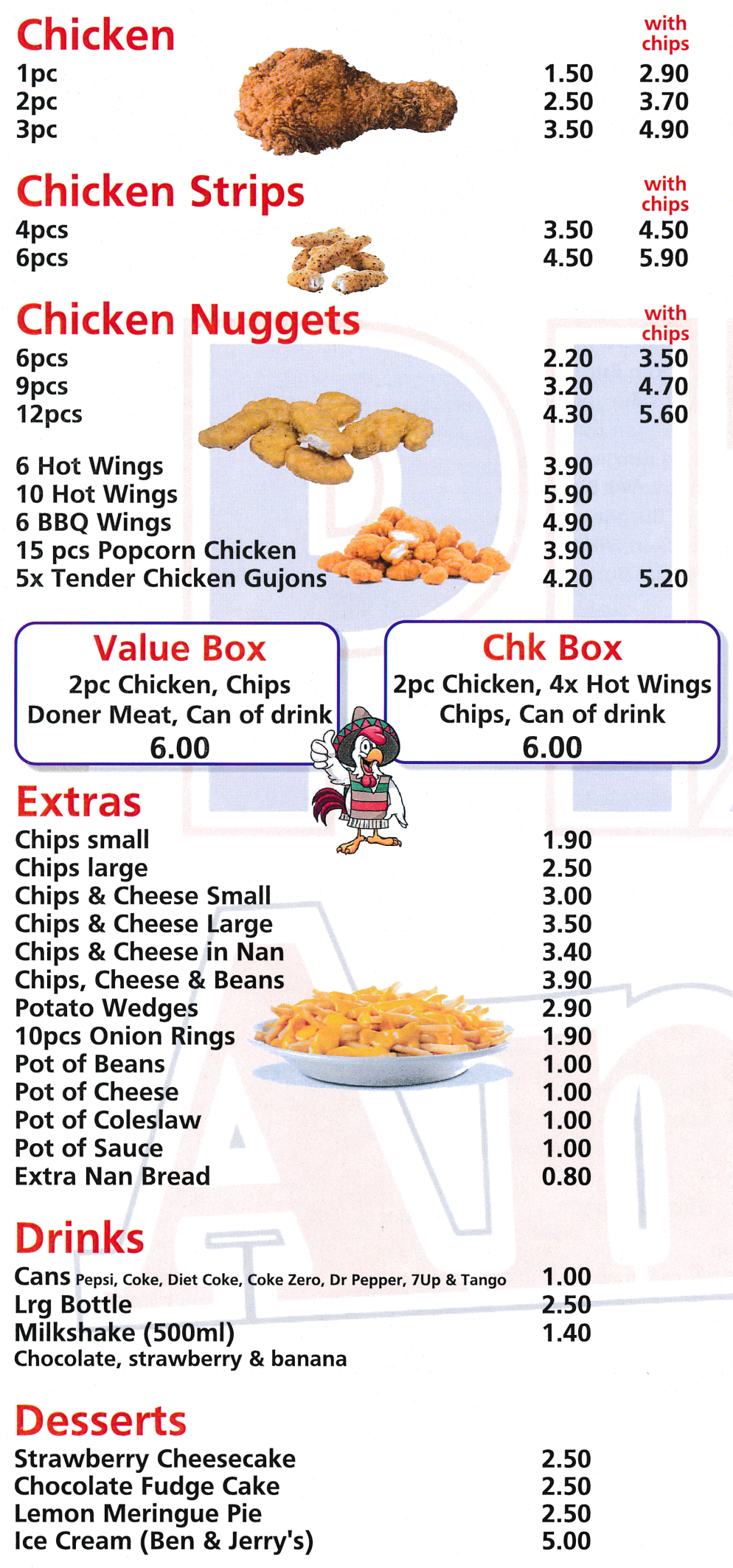 Menu for Pizza Amico's - Chicken, Chicken Strips, Chicken Nuggets, Drinks, Desserts, Extras..