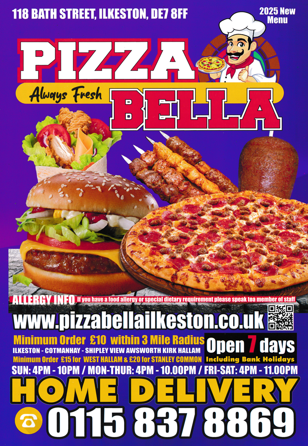 Menu for Pizza Bella fast food takeaway on Bath Street in Ilkeston, Derbyshire DE7 8FF