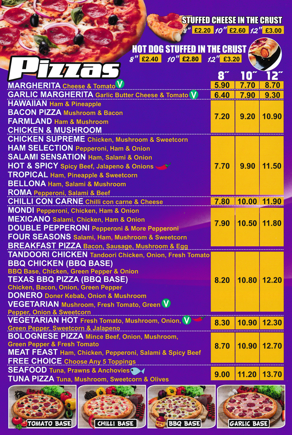 Menu for Pizza Bella on Bath Street in Ilkeston DE7 8FF - Pizzas including; Bellona, Salami Sensation, Mexicano, Ham Selection, Roma, Bacon Pizza, Margherita, Seafood Pizza, Tandoori Chicken, Farmland, Hot & Spicy, Tropical, Four Seasons..