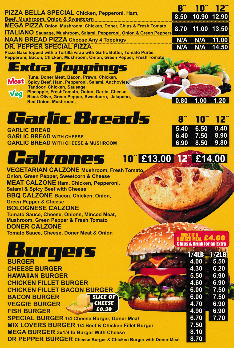 Menu for Pizza Bella - Calzones, Garlic Breads, Burgers, Pizzas..