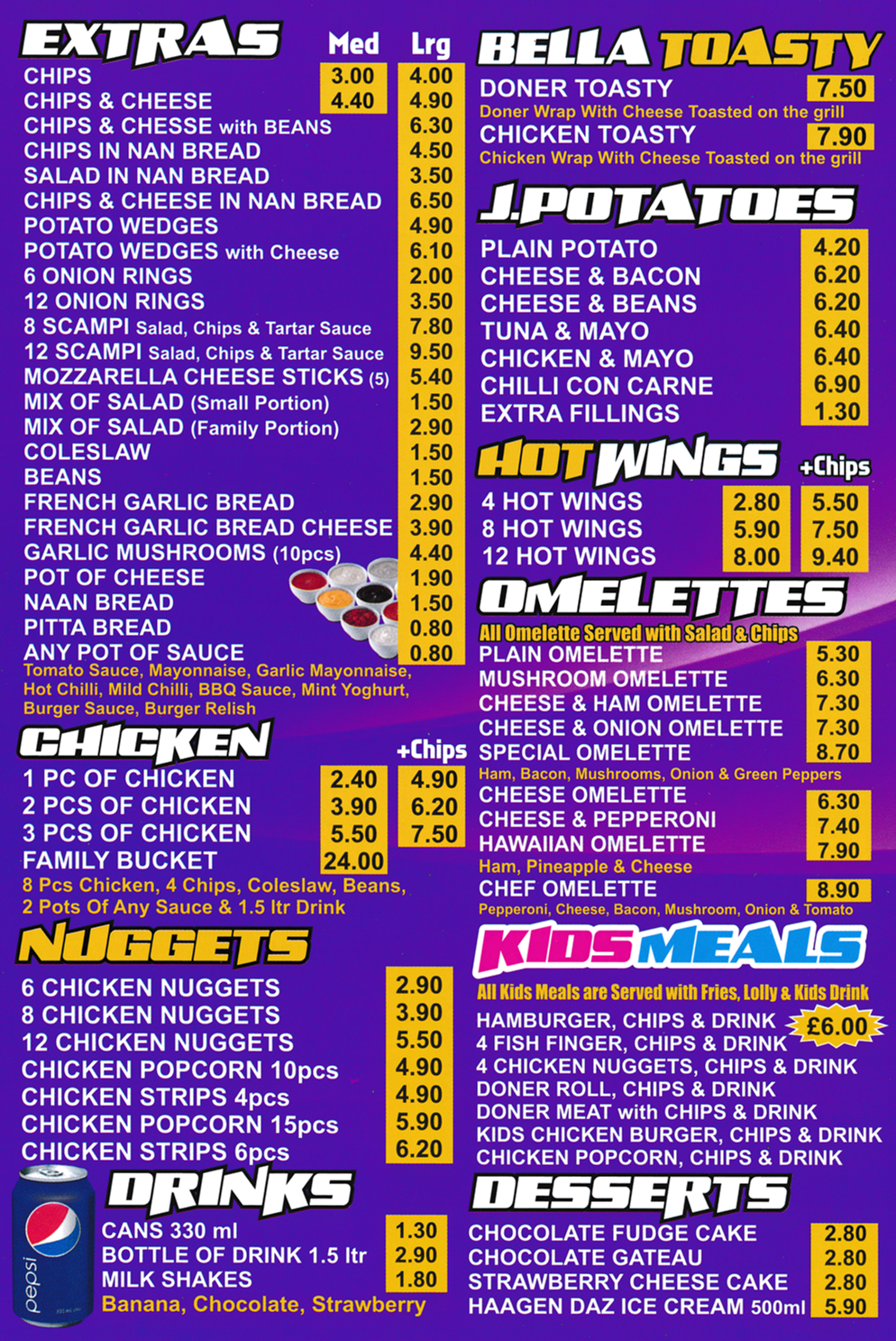 Menu for Pizza Bella - Wings, Jacket Potatoes, Chicken, Nuggets, Kids Meals, Omelettes..