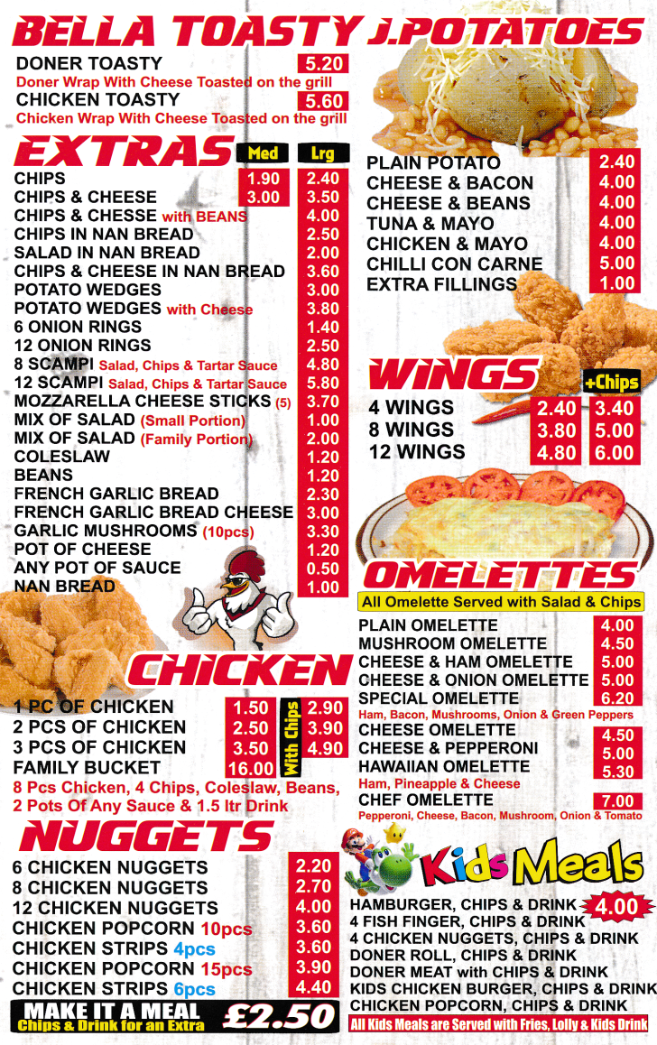 Pizza Bella's menu; Pizzas, kebabs.. takeaway in Ilkeston. Fast food