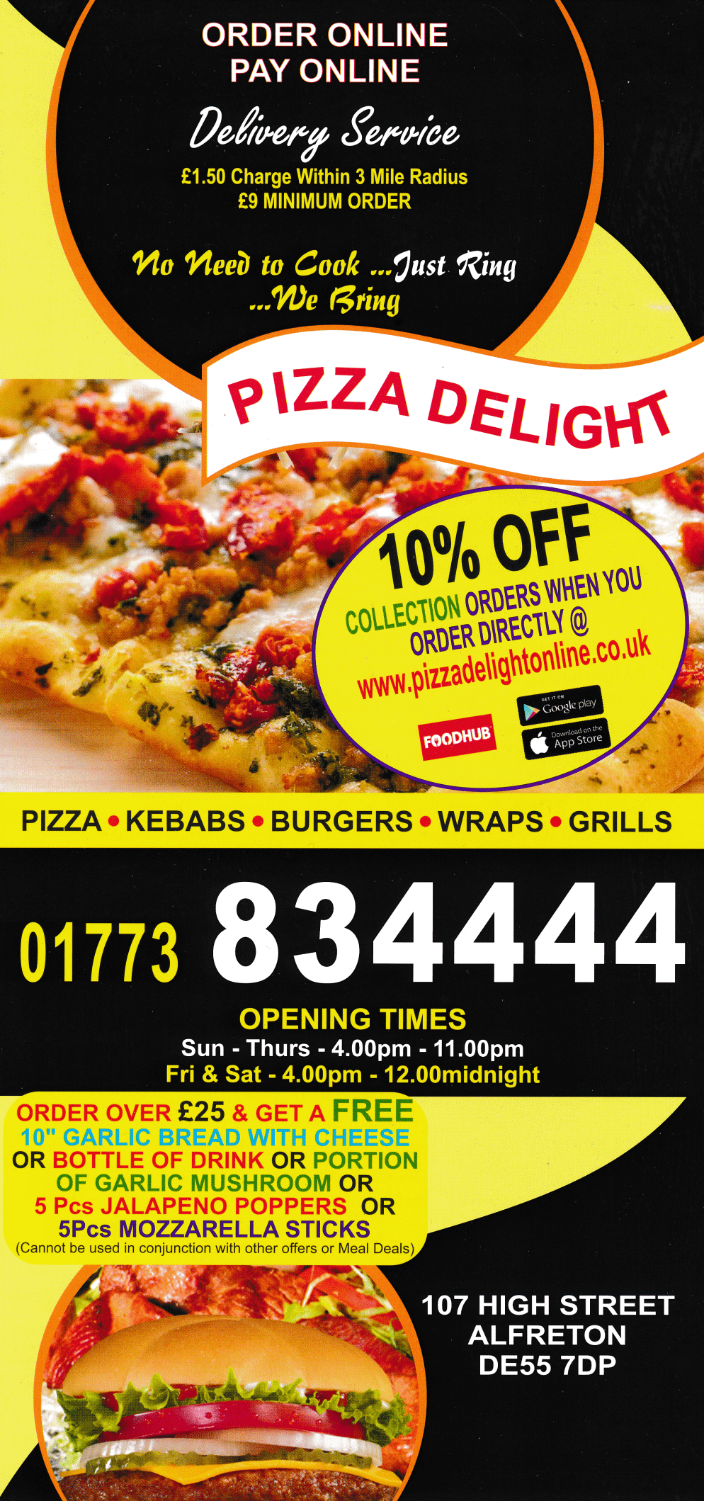 Menu for Pizza Delight - pizza and fast food takeaway and delivery in Alfretron, Derbyshire DE55 7DP