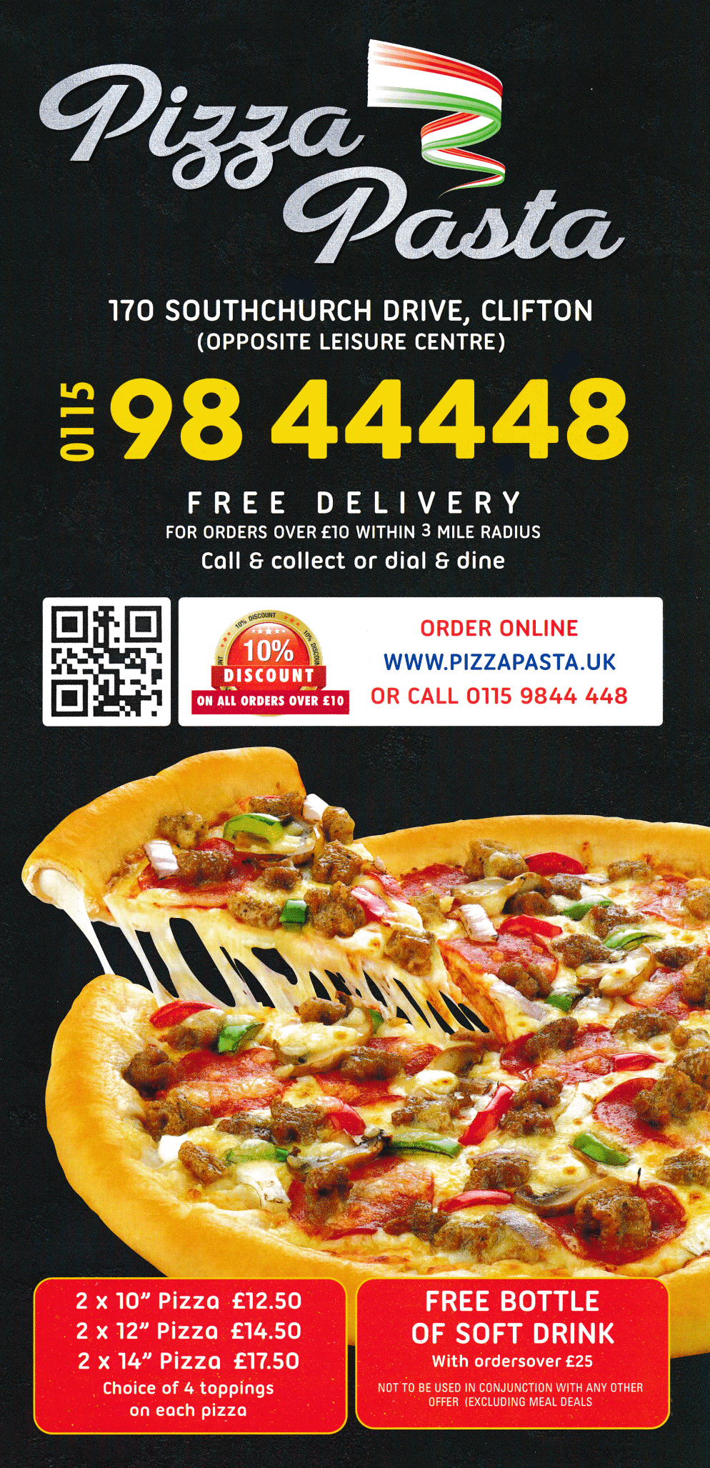 Menu for Pizza Pasta  - Pizza, kebabs, pasta, fast food takeaway on Southchurch Drive in Clifton, Nottingham NG11 8AD