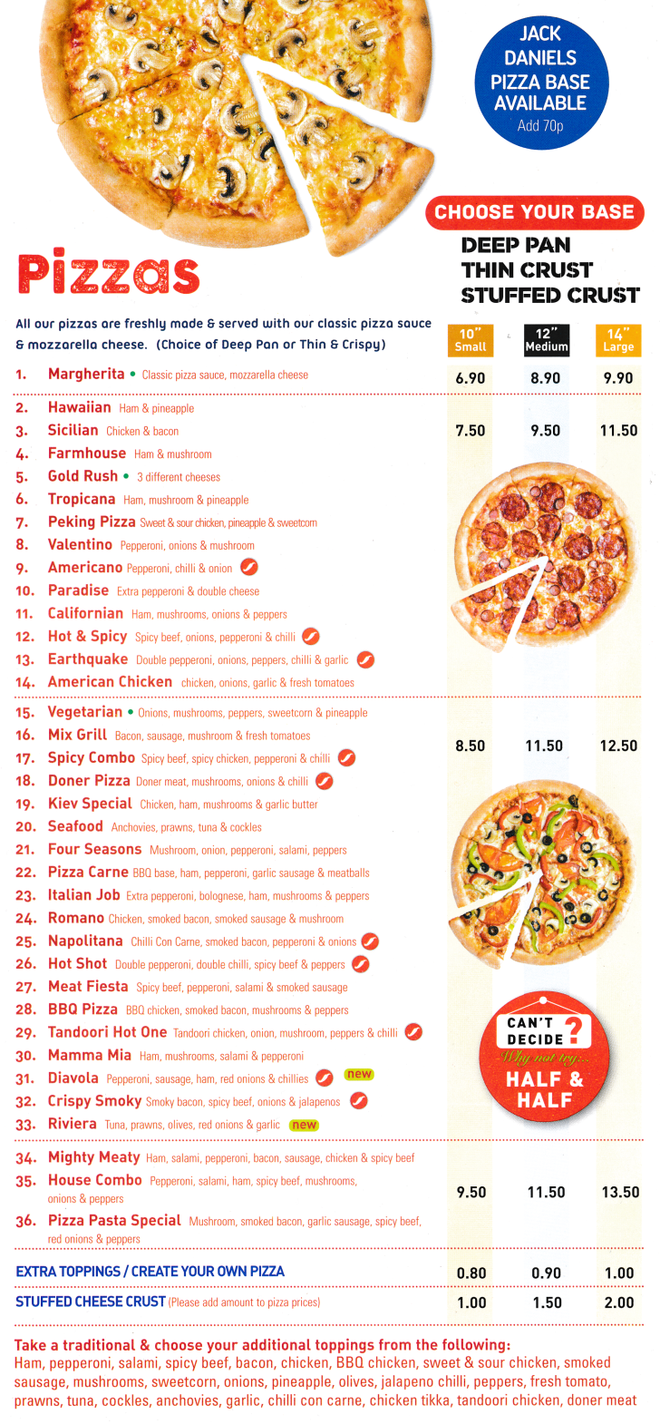 Menu for Pizza Pasta - Pizzas; Seafood, Mix Grill, Mamma Mia, Mighty Meaty, Four Seasons, Tropicana, Hawaiian, Margherita, Sicilian, Americano, BBQ Pizza, Romano and more..
