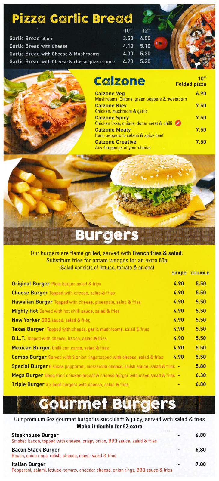 Menu for Pizza Pasta - Pizza Garlic Bread, Calzones, Gourmet Burgers, Cheese Burger, Texas Burger, Mexican Burger..