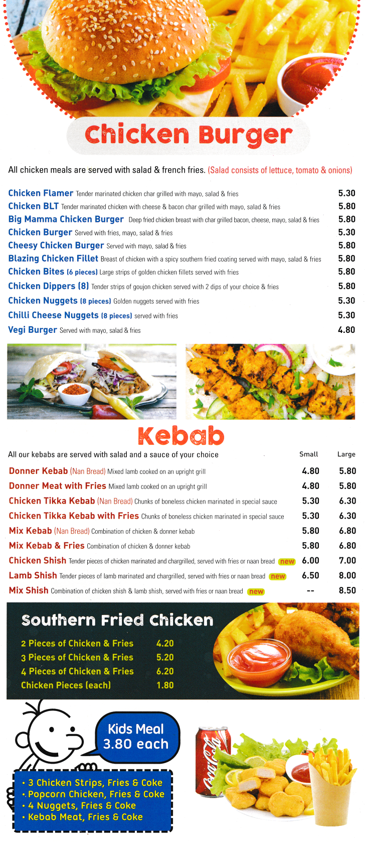 Menu for Pizza Pasta - Chicken Burgers, Southern Fried Chicken, Donner Kebabs, Shish Kebabs, Kids Meals..