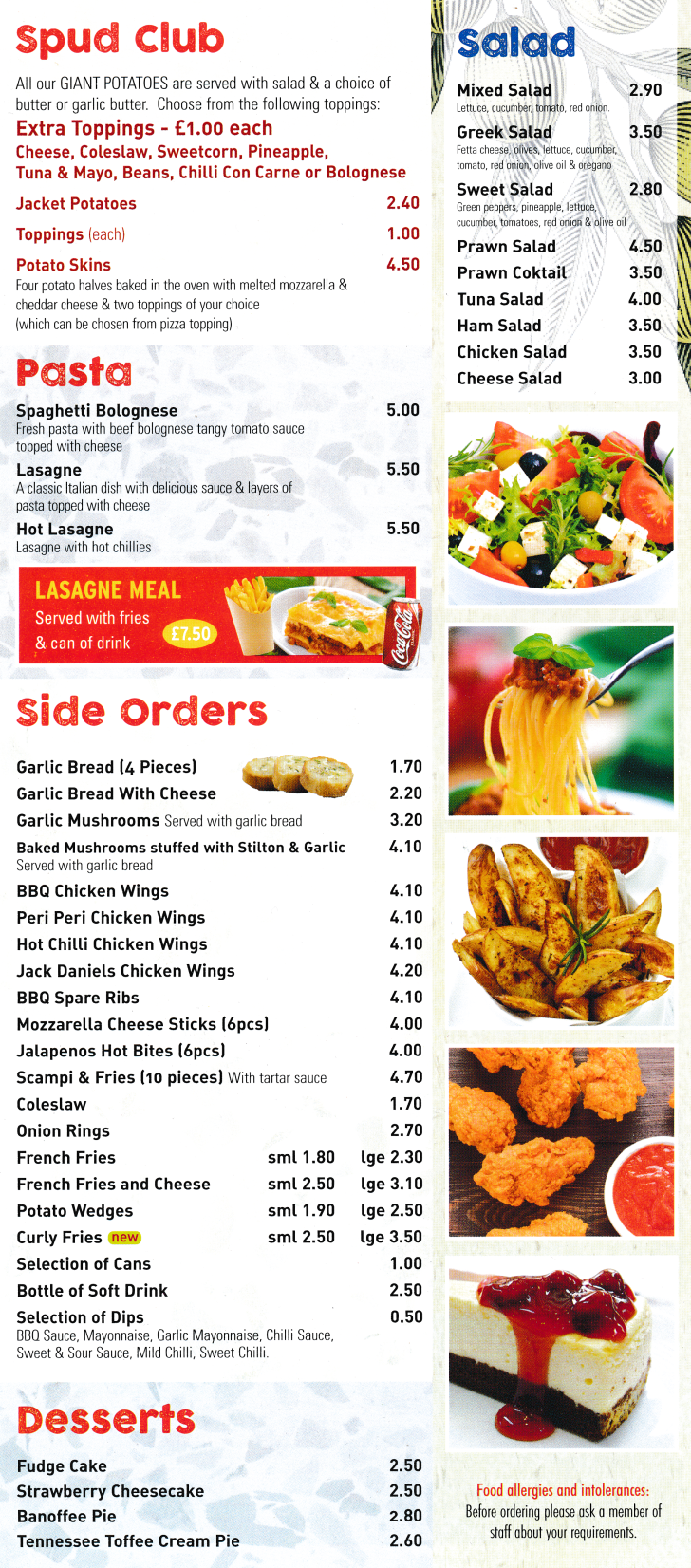 Menu for Pizza Pasta - Jacket Potatoes, Lasagne, Spaghetti Bolognese, Garlic Bread, Side Orders, Desserts, Salads..
