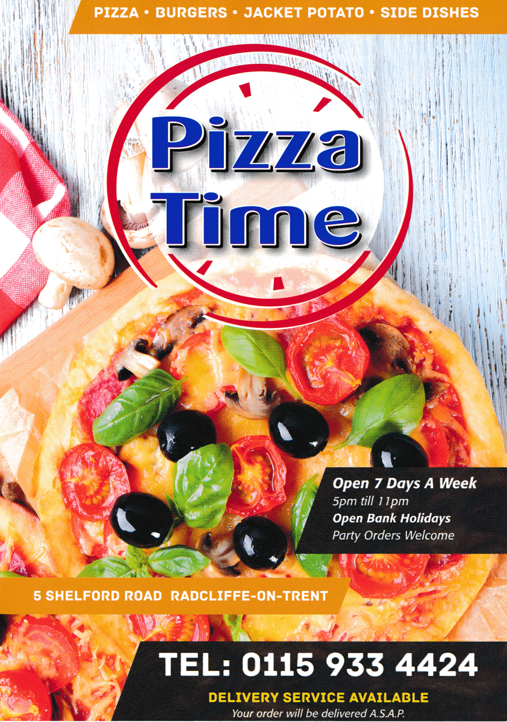 Menu for Pizza Time pizza and pasta takeaway in Radcliffe-On-Trent near Nottingham