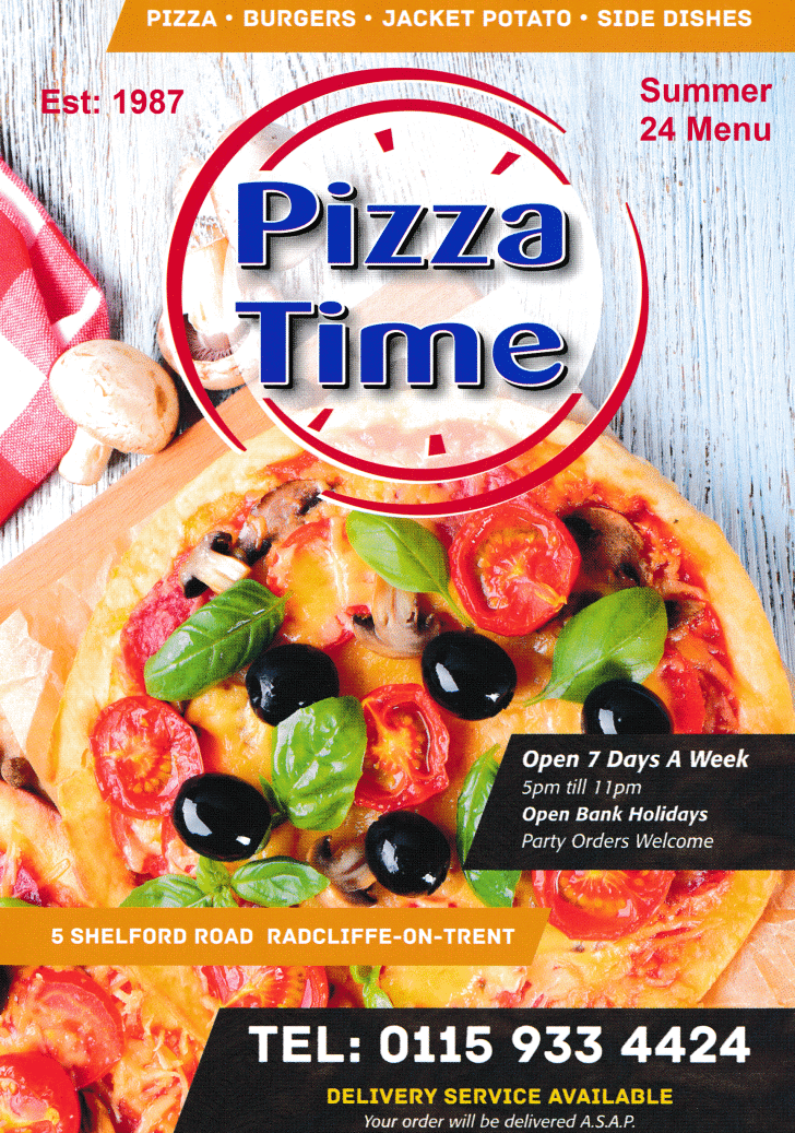 Menu for Pizza Time on Shelford Road in Radcliffe-on-Trent near Nottingham