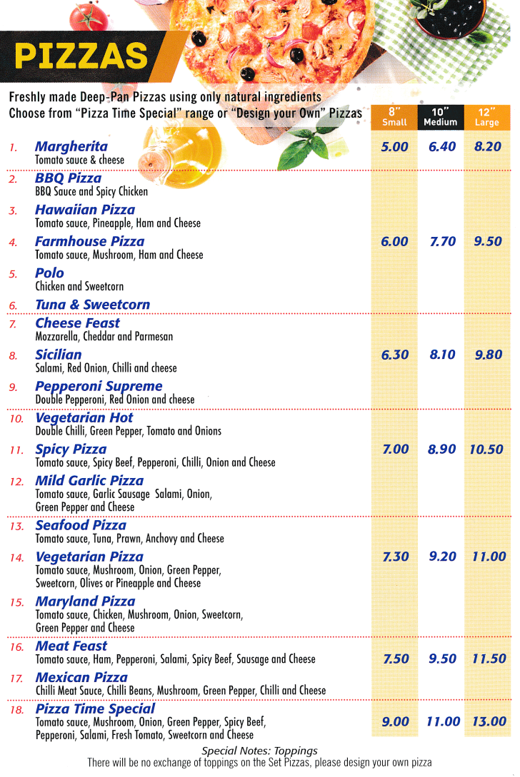 Menu for Pizza Time - Pizzas, Burgers, Pasta, Jacket Potatoes, Salads, Desserts, Chicken Nuggets..