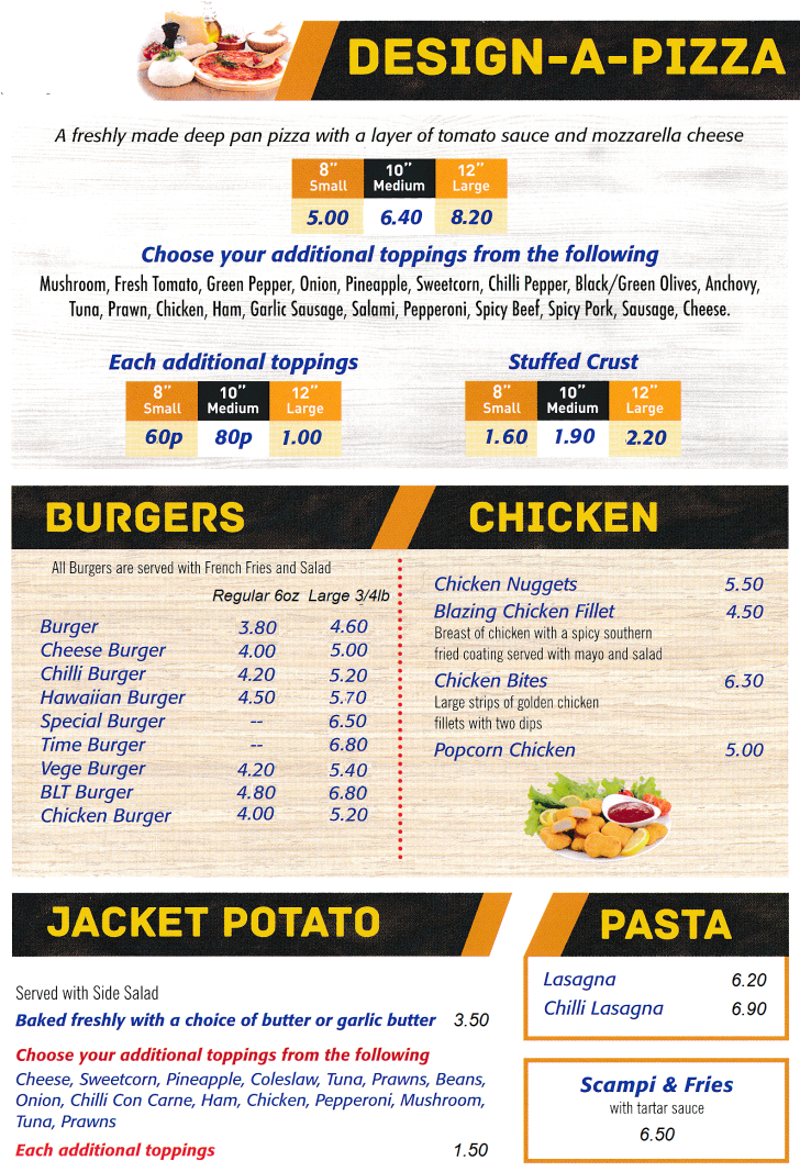 Menu for Pizza Time - Pizzas, Cheese Burgers, Chilli Burgers, Chicken Burgers, Hawaiian Burgers, Vege Burgers..