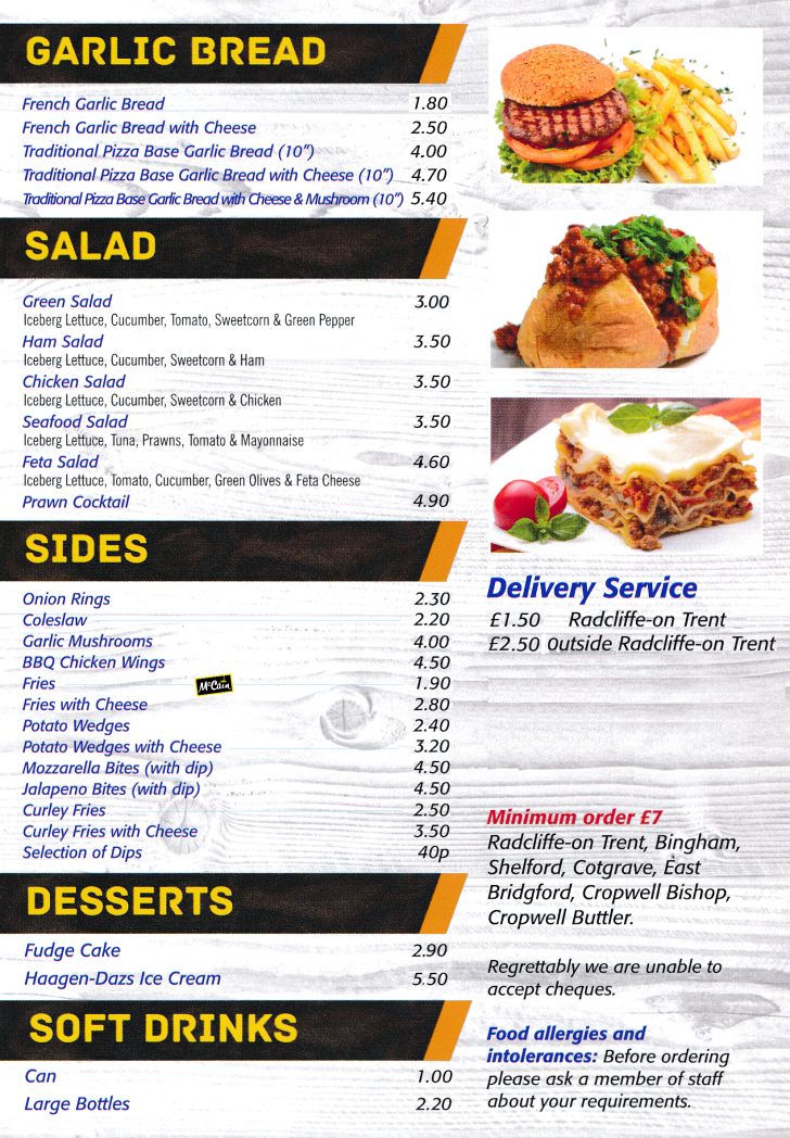 Menu for Pizza Time in Radcliffe-on-Trent - Potato Wedges, Mozzarella Bites, Jalapeno Bites, Curley Fries, Garlic Mushrooms, BBQ Chicken Wings, Feta Salad, Seafood Salad, Ham Salad, Prawn Cocktail..