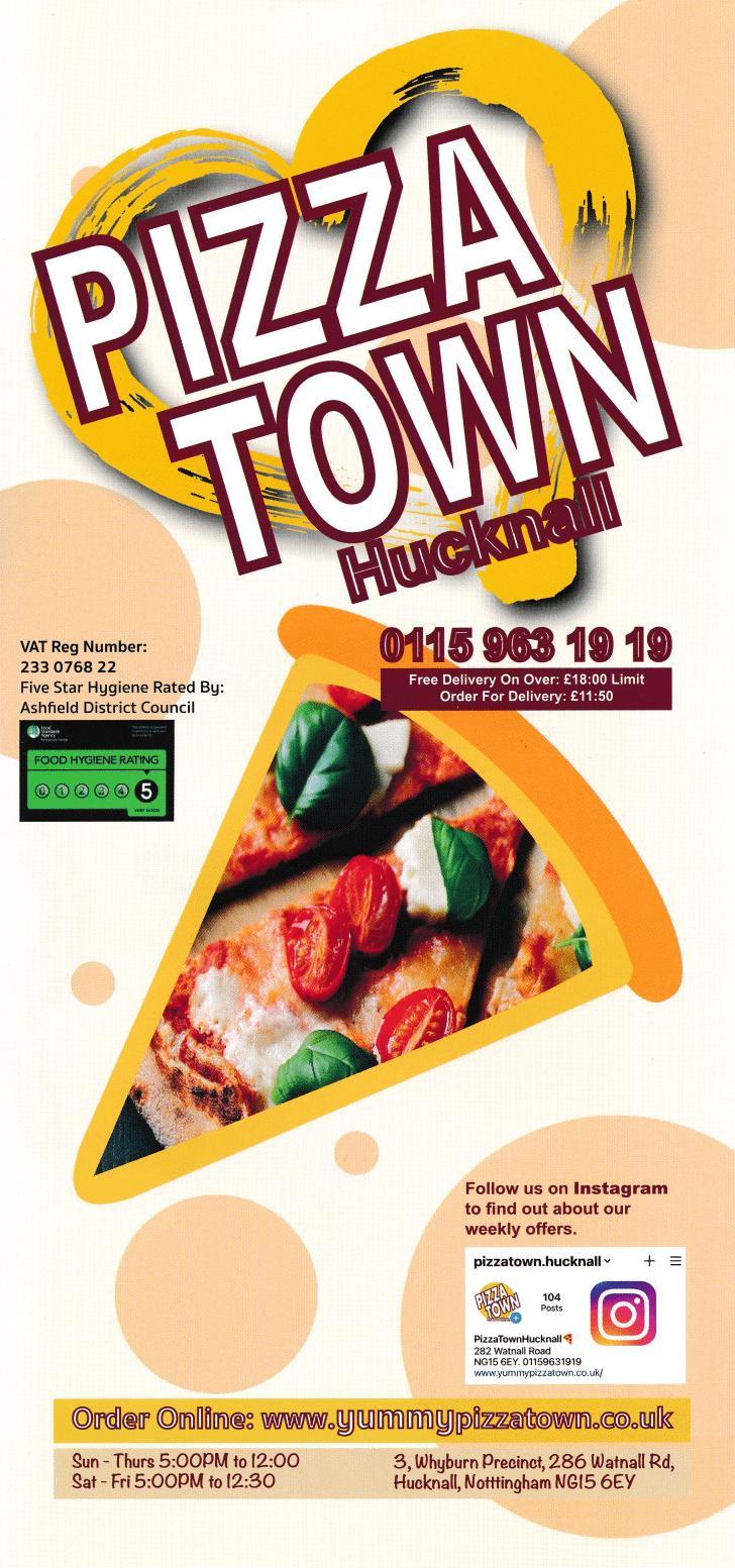 Menu for Pizza Town - pizza and fast food takeaway in Hucknall near Nottingham