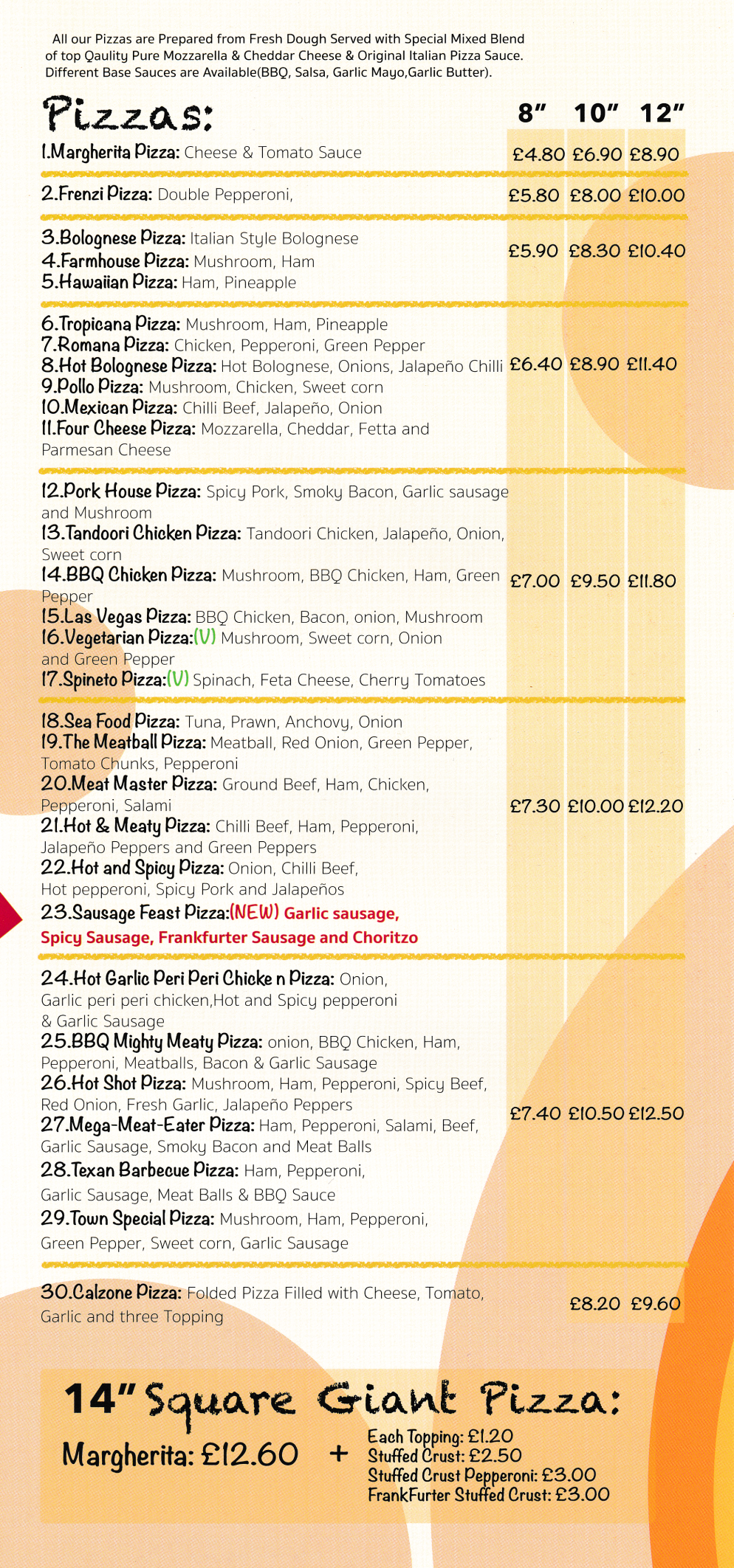 Menu for Pizza Town; pizzas, garlic breads, pasta, burgers.. takeaway and delivery