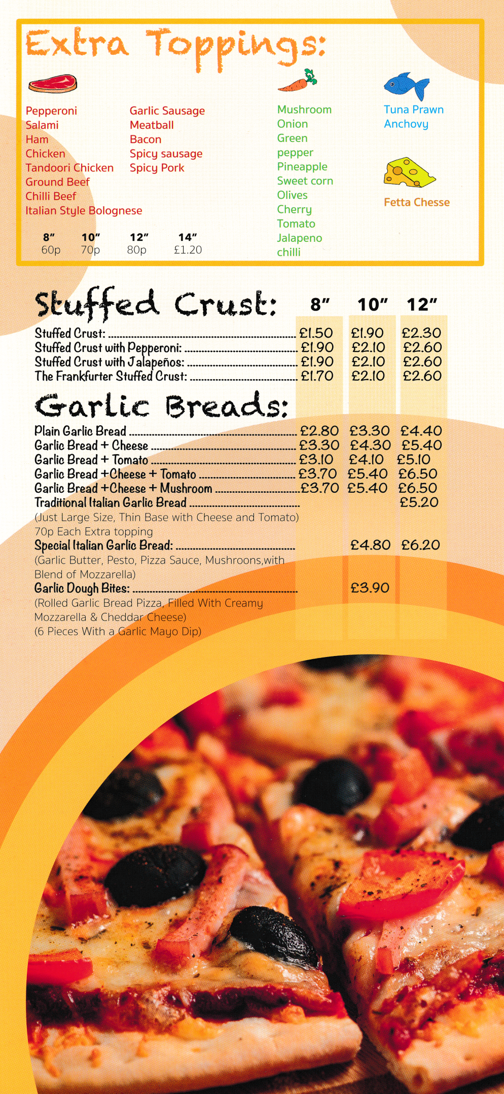 Menu for Pizza Town - pizza and fast food takeaway at Whyburn Precinct on Watnall Road, Hucknall