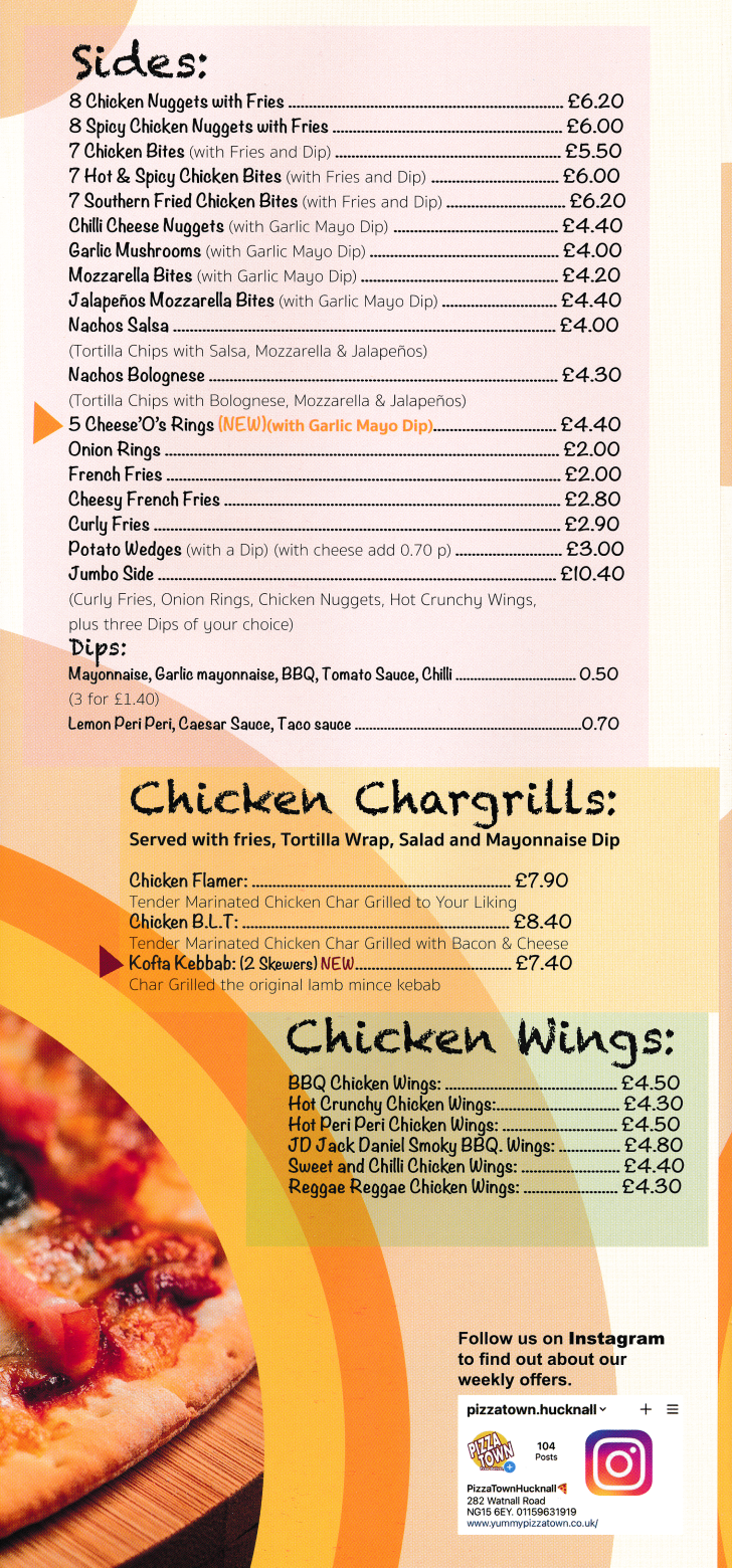 Menu for Pizza Town - Chicken Chargrills, Chicken Wings, Potato Wedges, Nachos, Chicken Nuggets..