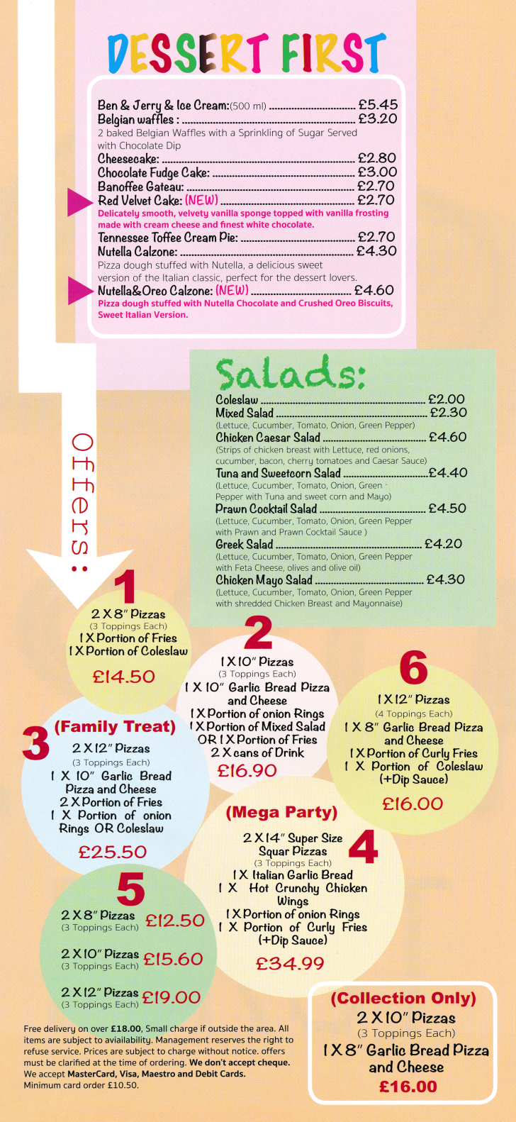 Menu for Pizza Town - offers, salads, desserts, drinks..