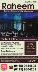 Takeaway menu for Raheem Indian restaurant in West Hallam near Ilkeston