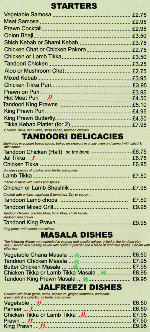 Takeaway menu for Raheem - Chicken Tikka, Tandoori Chicken, Onion Bhaji, Hot Meat Puri, Butter Chicken Masala, King Prawn Jalfrezi..