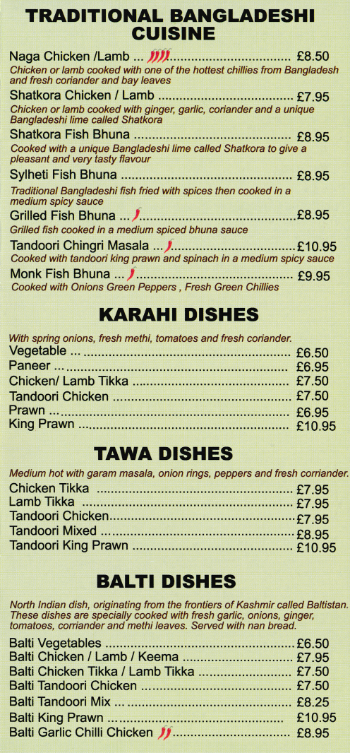 Takeaway menu for Raheem - Grilled Fish Bhuna, Tandoori Chicken, Balti King Prawn, Lamb Tikka, Sylheti Fish Bhuna..