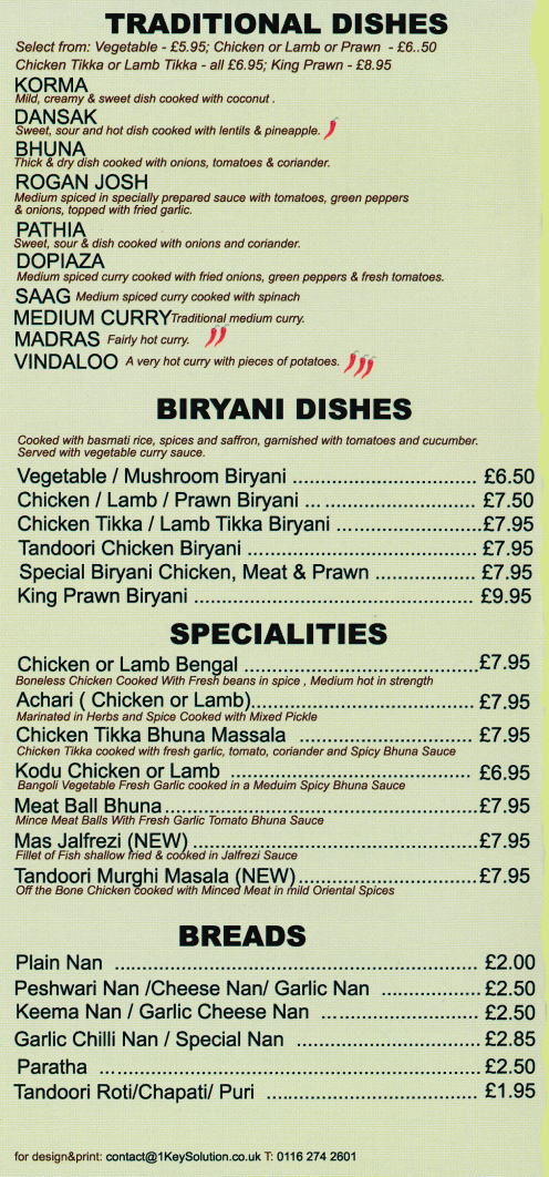 Takeaway menu for Raheem - Korma, Rogan Josh, Bhuna, Madras, Vindaloo, Biryani, Raheem Specialities..