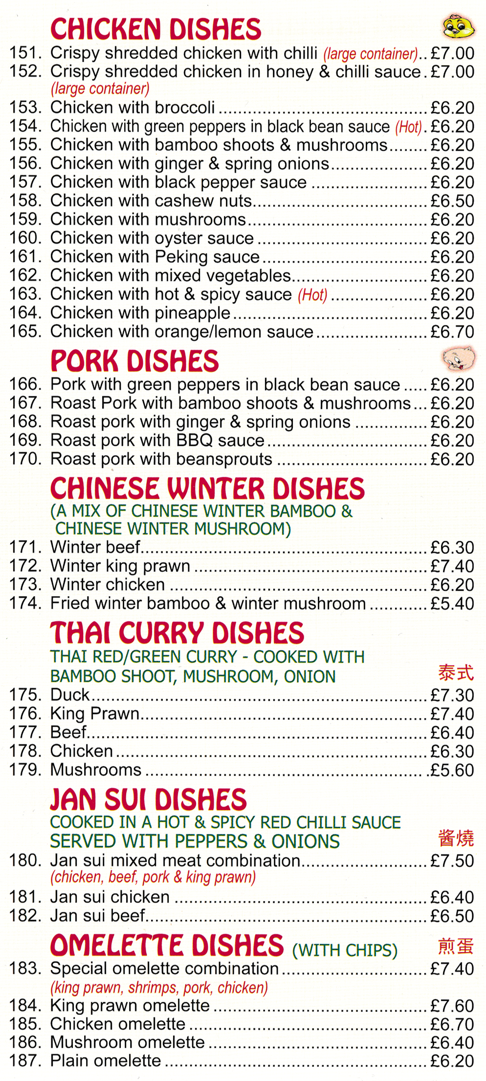 Menu for Red Hat in Beechdale - dishes include; Chicken with Lemon Sauce, Jan Shu Beef, King Prawn Omelette, Winter Chicken, Roast Pork with Ginger & Spring Onions, Chicken with Peking Sauce..