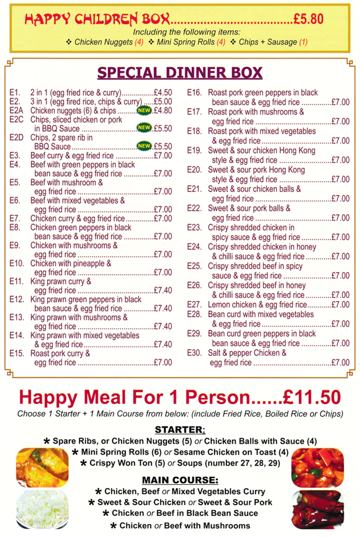 Menu for Red Hat Chinese takeaway on Beechdale Road in Beechdale, Nottingham NG8 3LF - Special Dinner Boxes