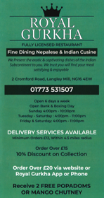 Takeaway menu for Royal Gurkha Nepalese & Indian restaurant in Langley Mill