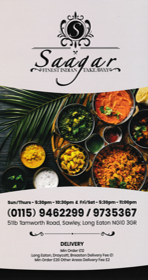 Menu for Saagar Indian takeaway in Sawley near Long Eaton