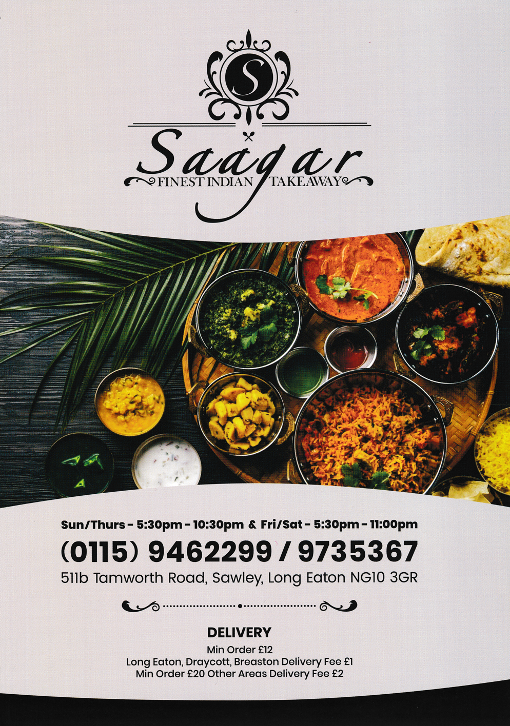 Menu for Saagar Indian takeaway and delivery on Tamworth Road in Sawley near Long Eaton