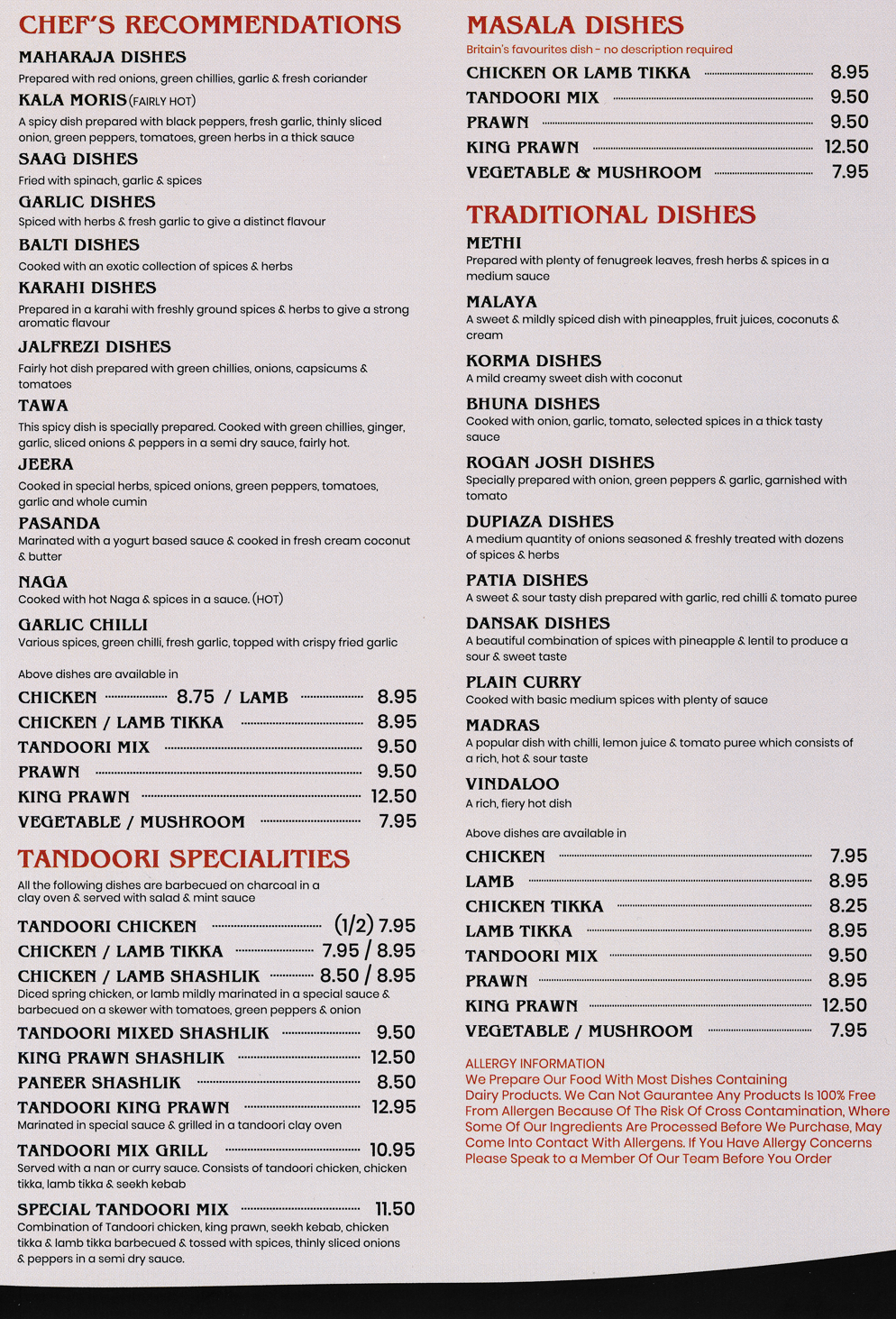 Menu for Saagar Indian takeaway - dishes include; Kala Moris, Maharaja Dishes, Balti Korma, Rgan Josh, Madras, Vindaloo, Bhuna, Tandoori..